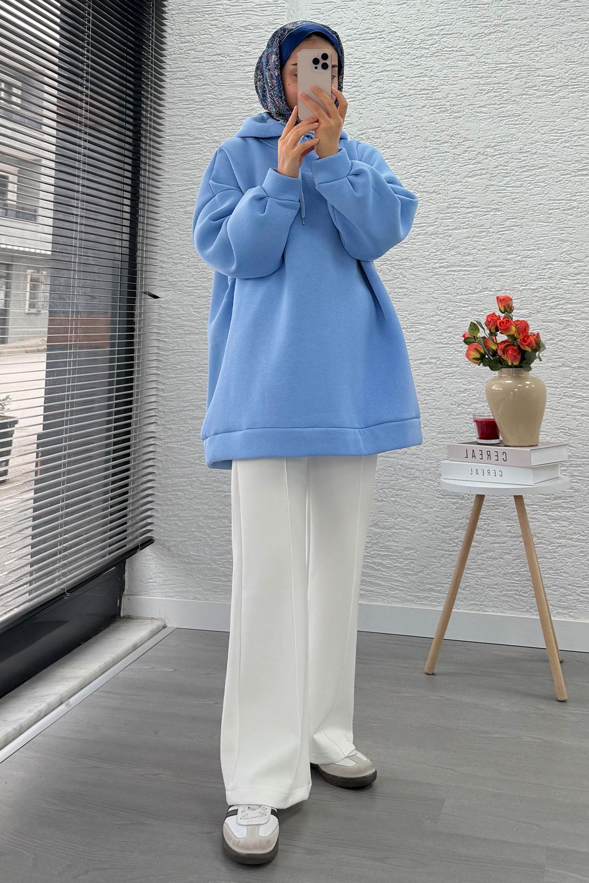 Kapüşonlu Oversize Kadın Sweatshirt - Bebe Mavi