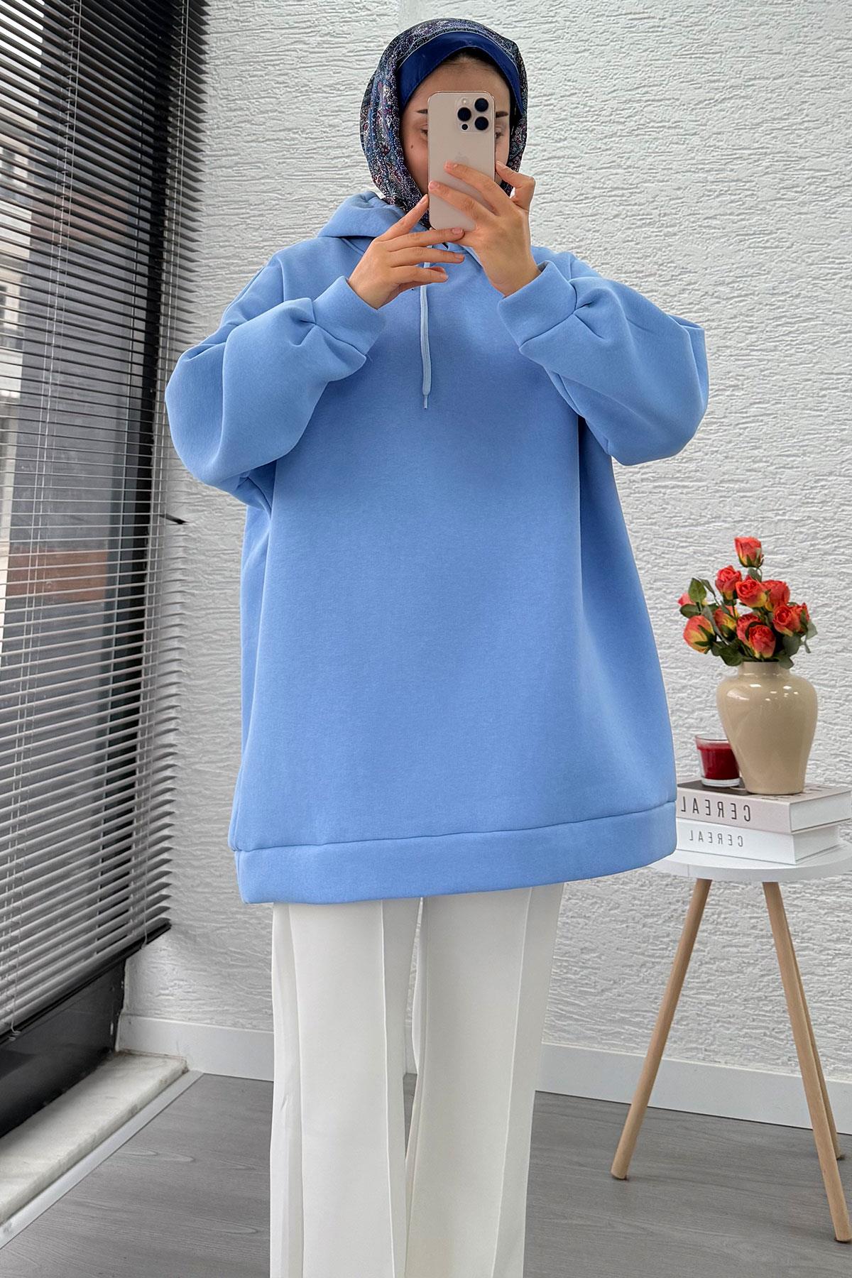 Kapüşonlu Oversize Kadın Sweatshirt - Bebe Mavi