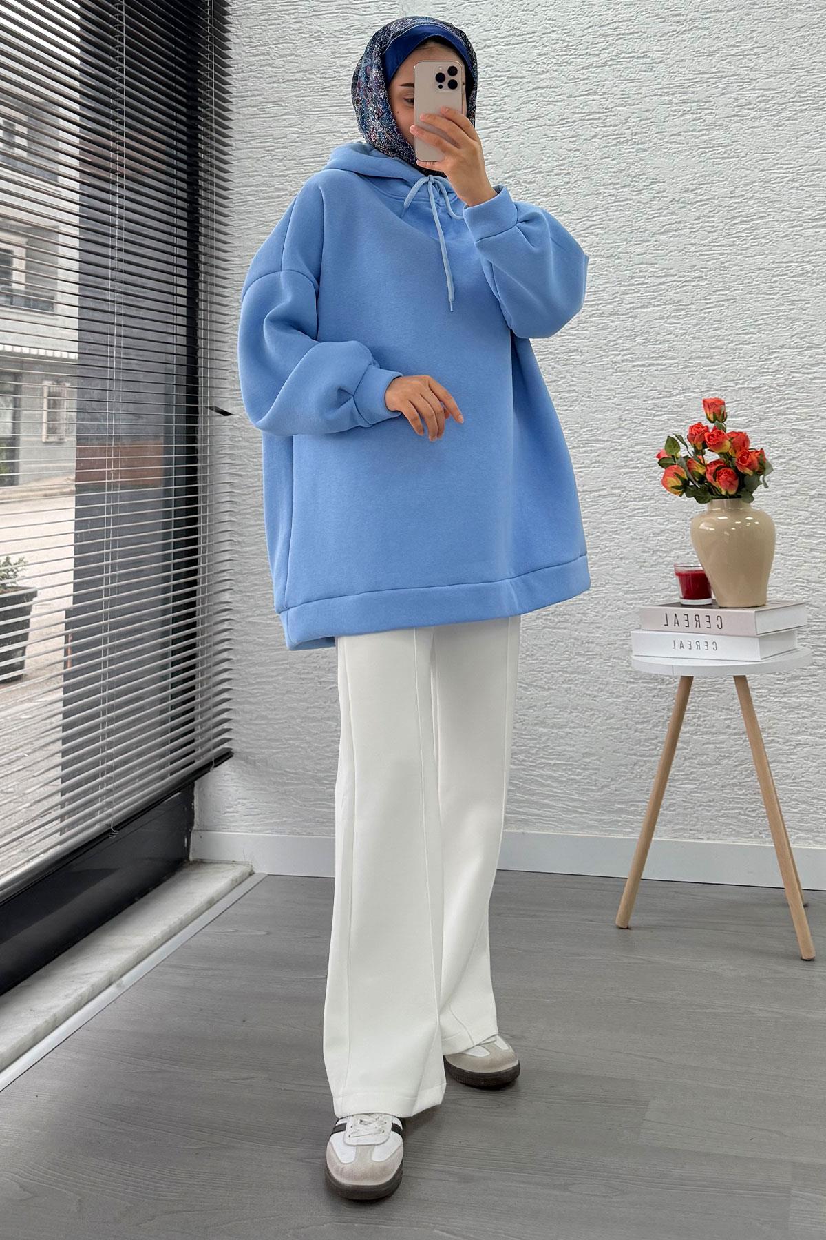 Kapüşonlu Oversize Kadın Sweatshirt - Bebe Mavi