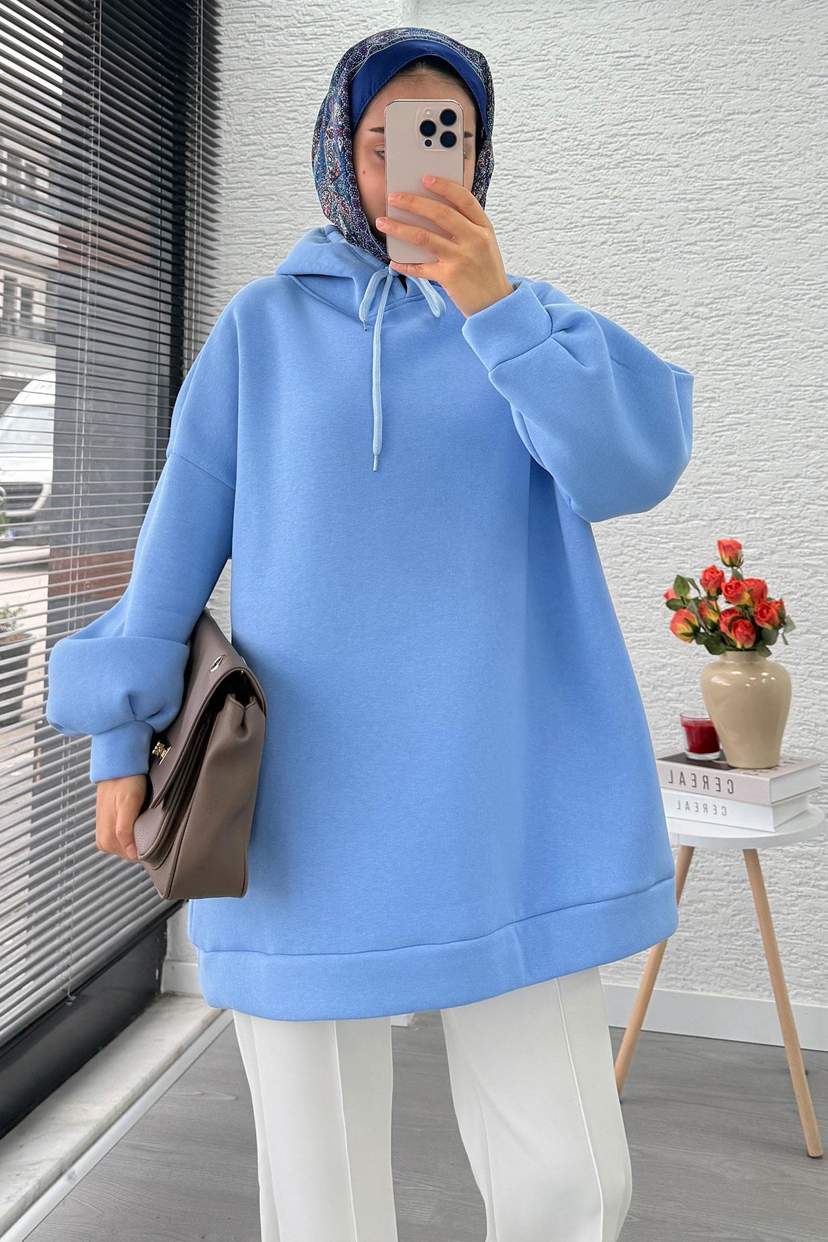Kapüşonlu Oversize Kadın Sweatshirt - Bebe Mavi