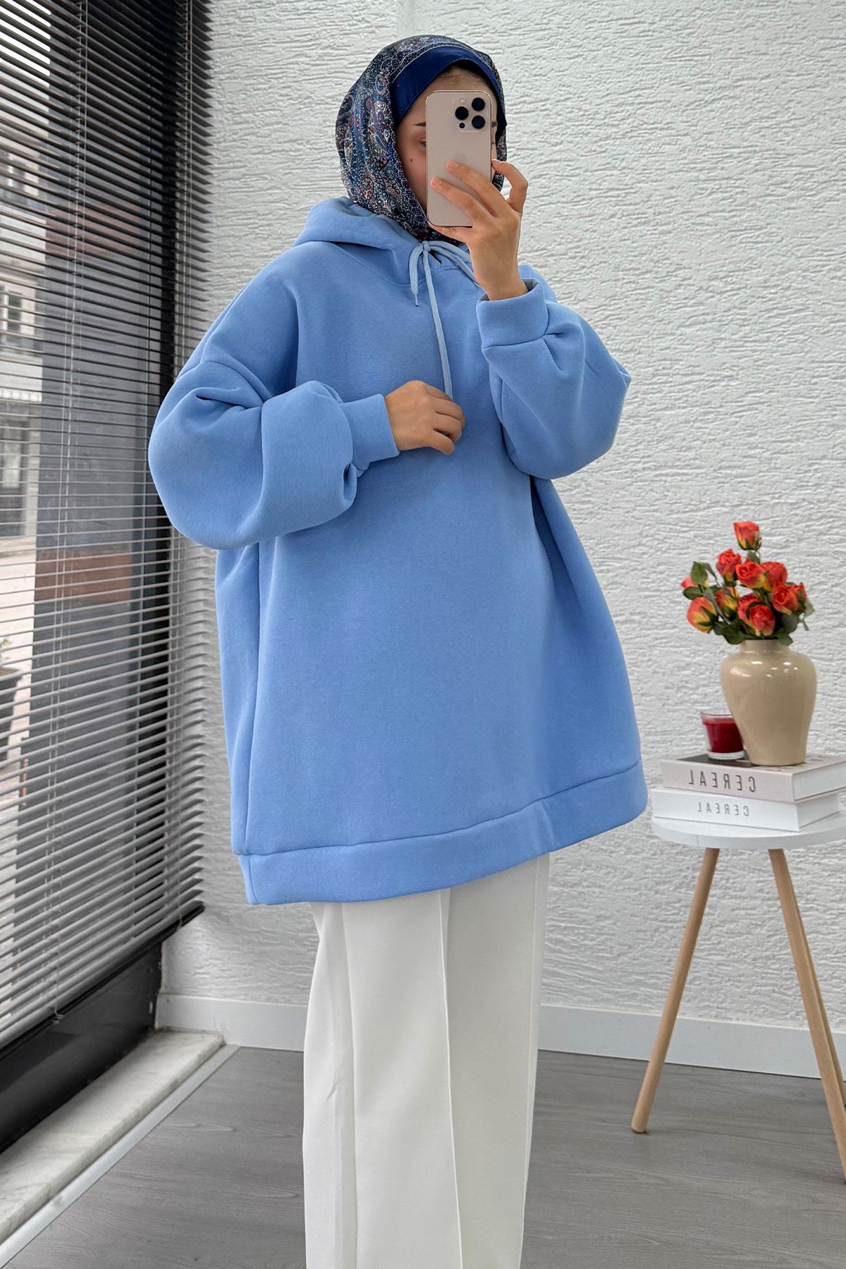 Kapüşonlu Oversize Kadın Sweatshirt - Bebe Mavi