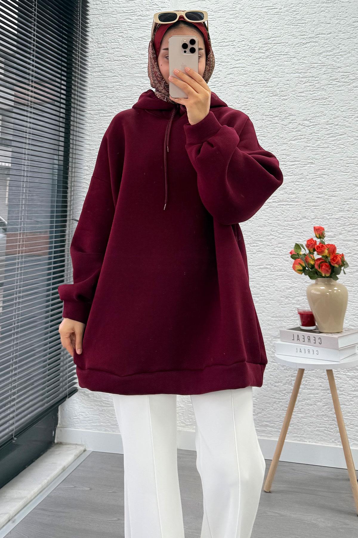 Kapüşonlu Oversize Kadın Sweatshirt - Bordo