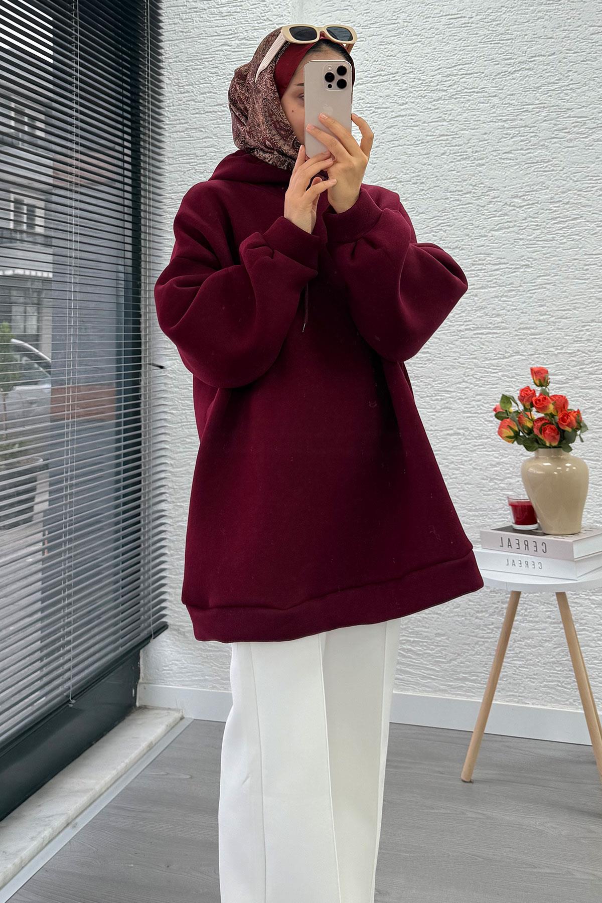 Kapüşonlu Oversize Kadın Sweatshirt - Bordo