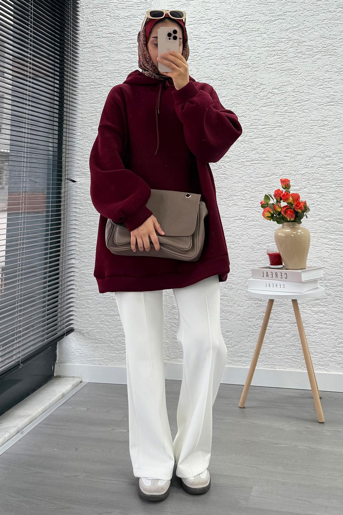Kapüşonlu Oversize Kadın Sweatshirt - Bordo