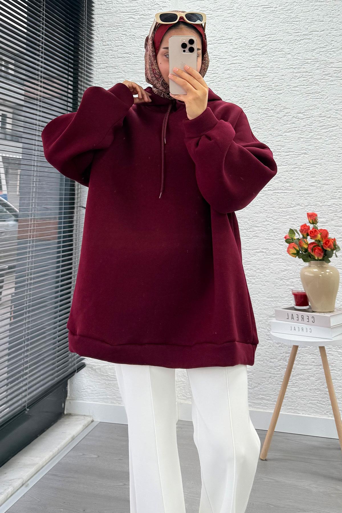 Kapüşonlu Oversize Kadın Sweatshirt - Bordo