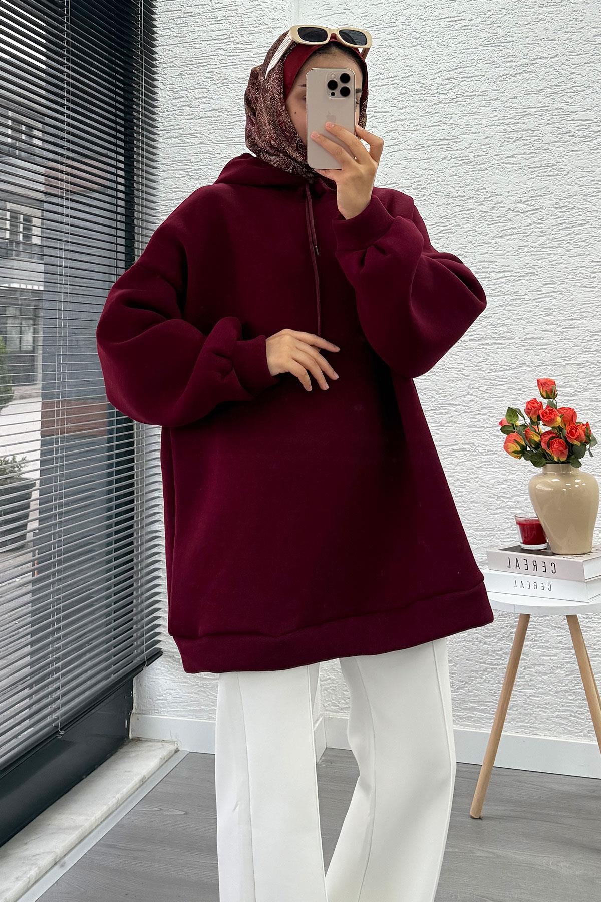 Kapüşonlu Oversize Kadın Sweatshirt - Bordo