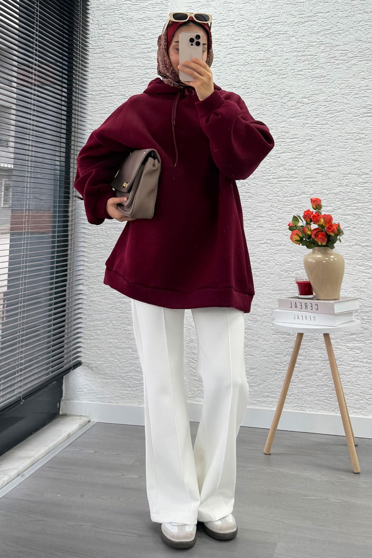 Kapüşonlu Oversize Kadın Sweatshirt - Bordo