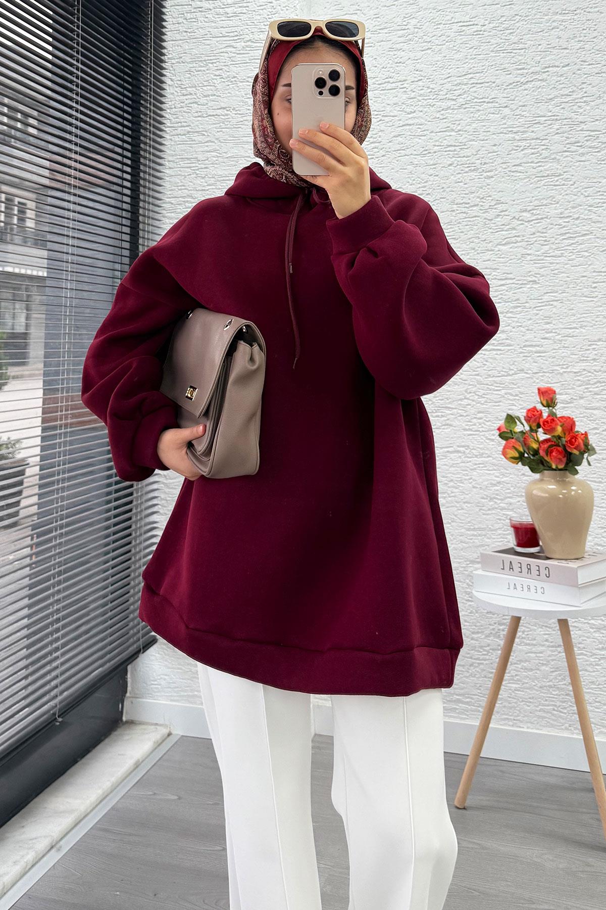 Kapüşonlu Oversize Kadın Sweatshirt - Bordo