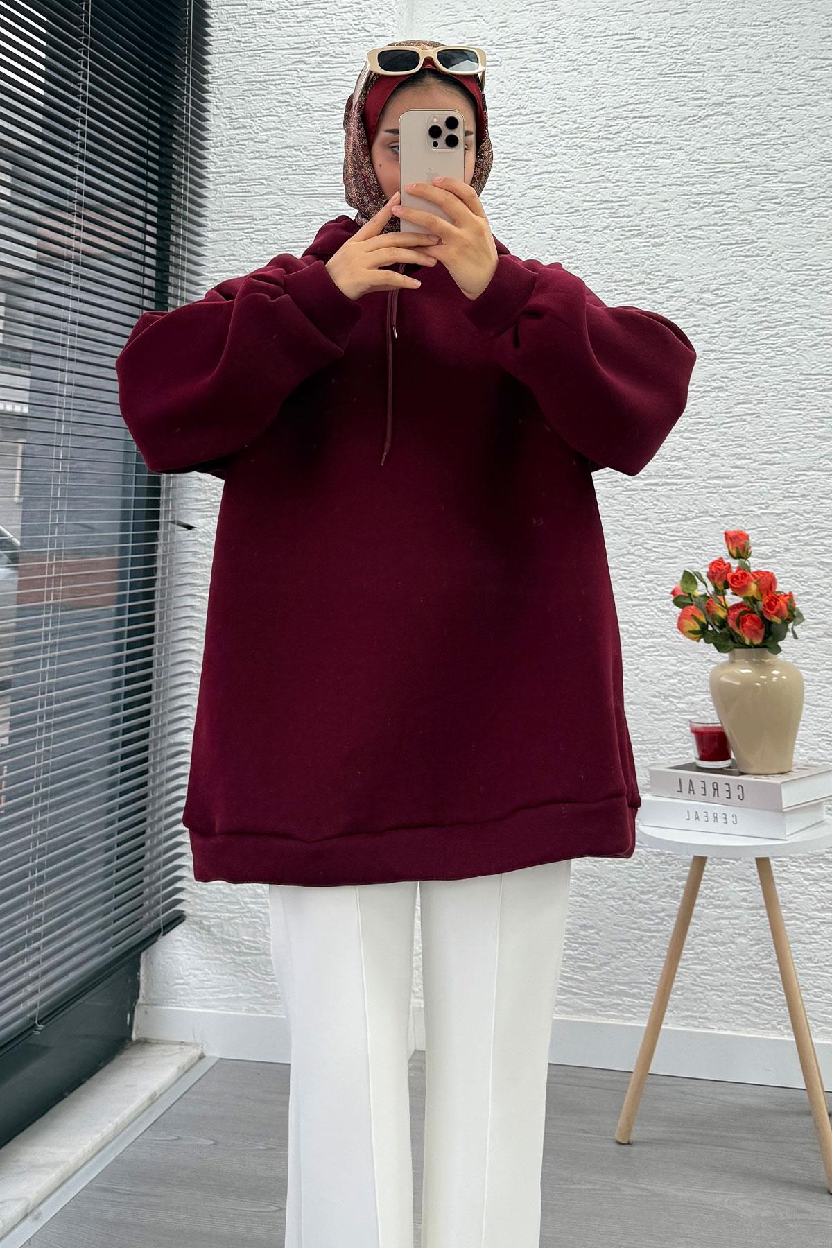Kapüşonlu Oversize Kadın Sweatshirt - Bordo