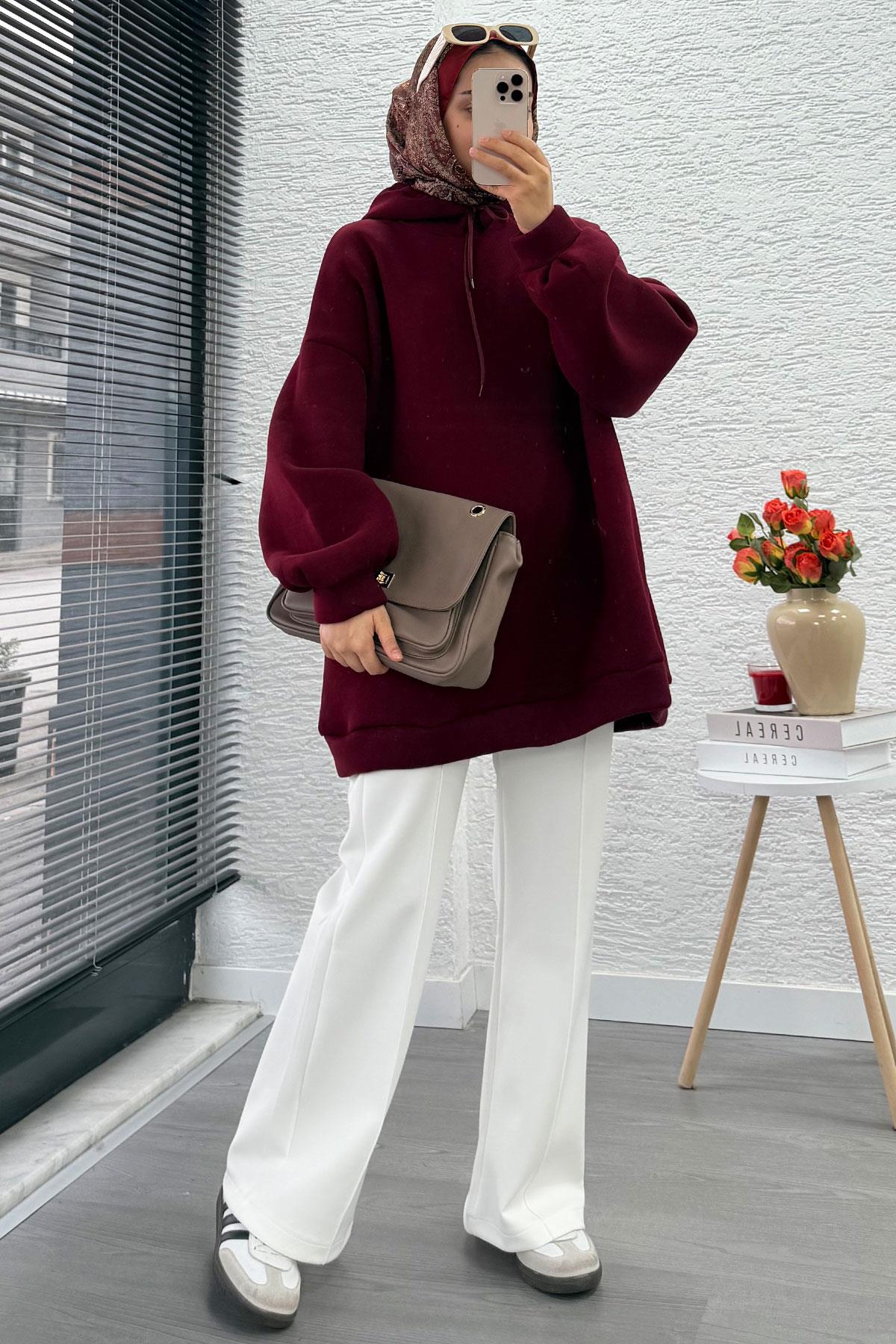 Kapüşonlu Oversize Kadın Sweatshirt - Bordo