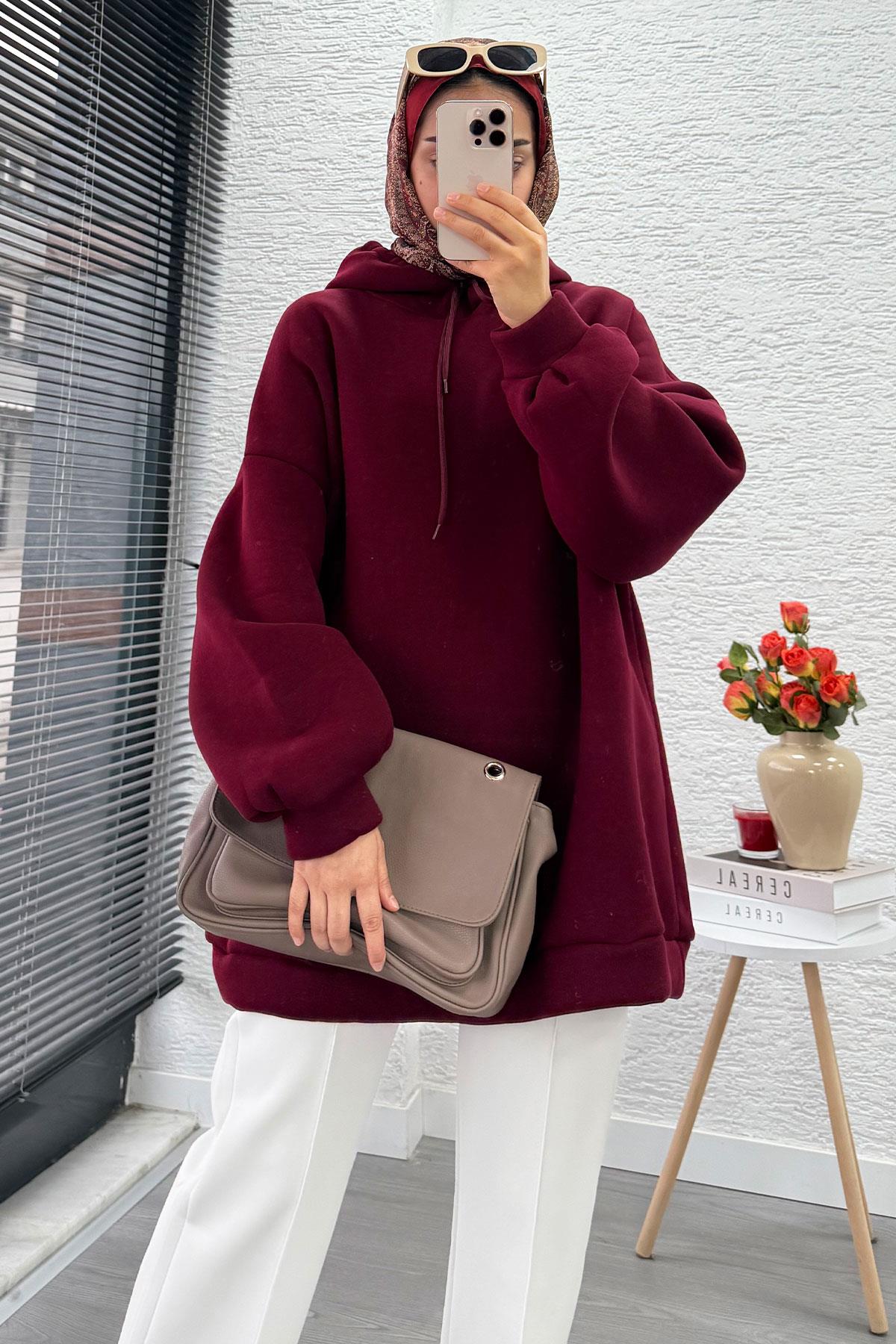 Kapüşonlu Oversize Kadın Sweatshirt - Bordo
