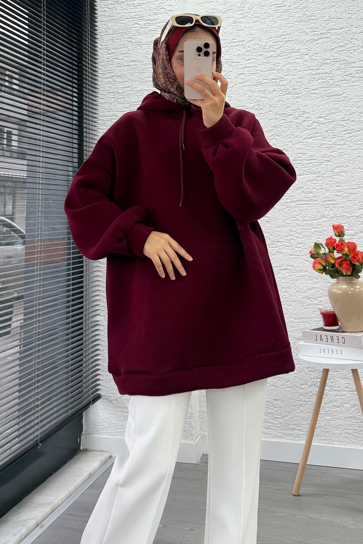 Kapüşonlu Oversize Kadın Sweatshirt - Bordo