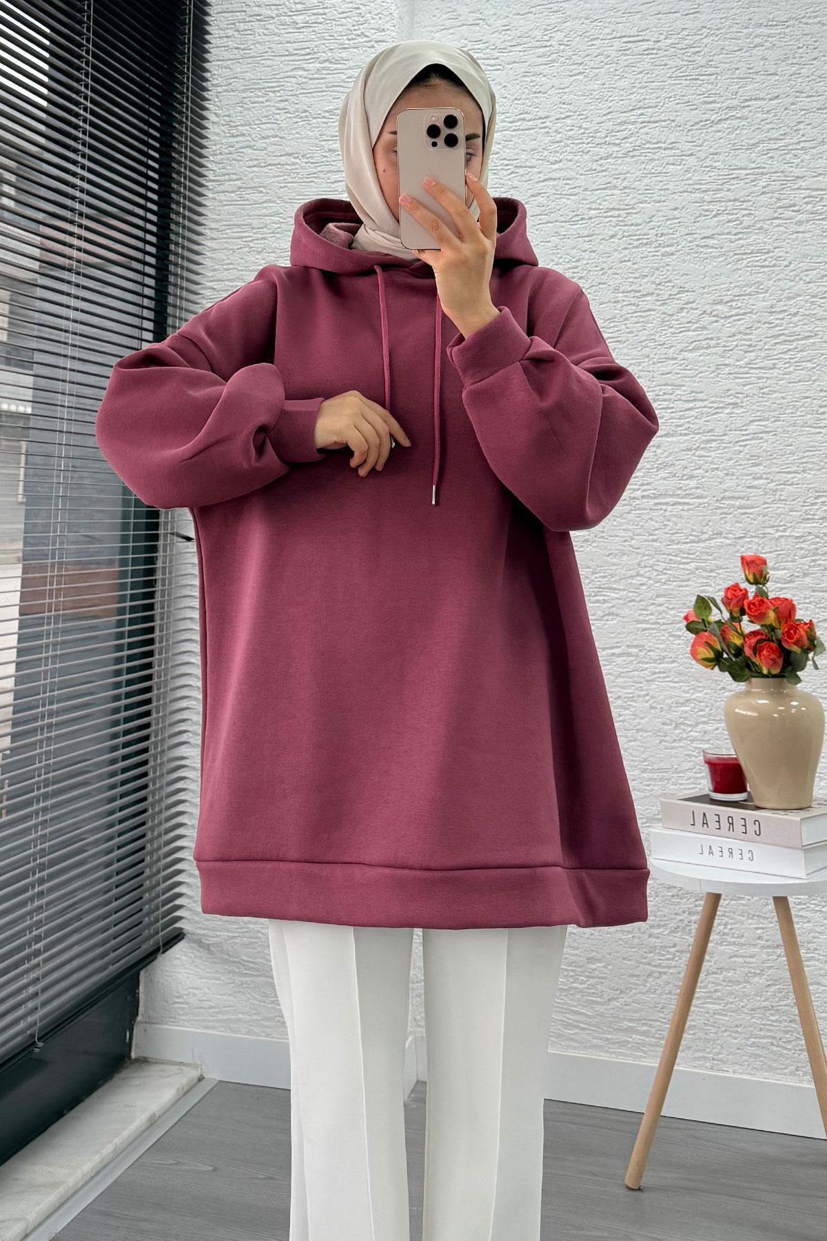 Kapüşonlu Oversize Kadın Sweatshirt - Gülkurusu