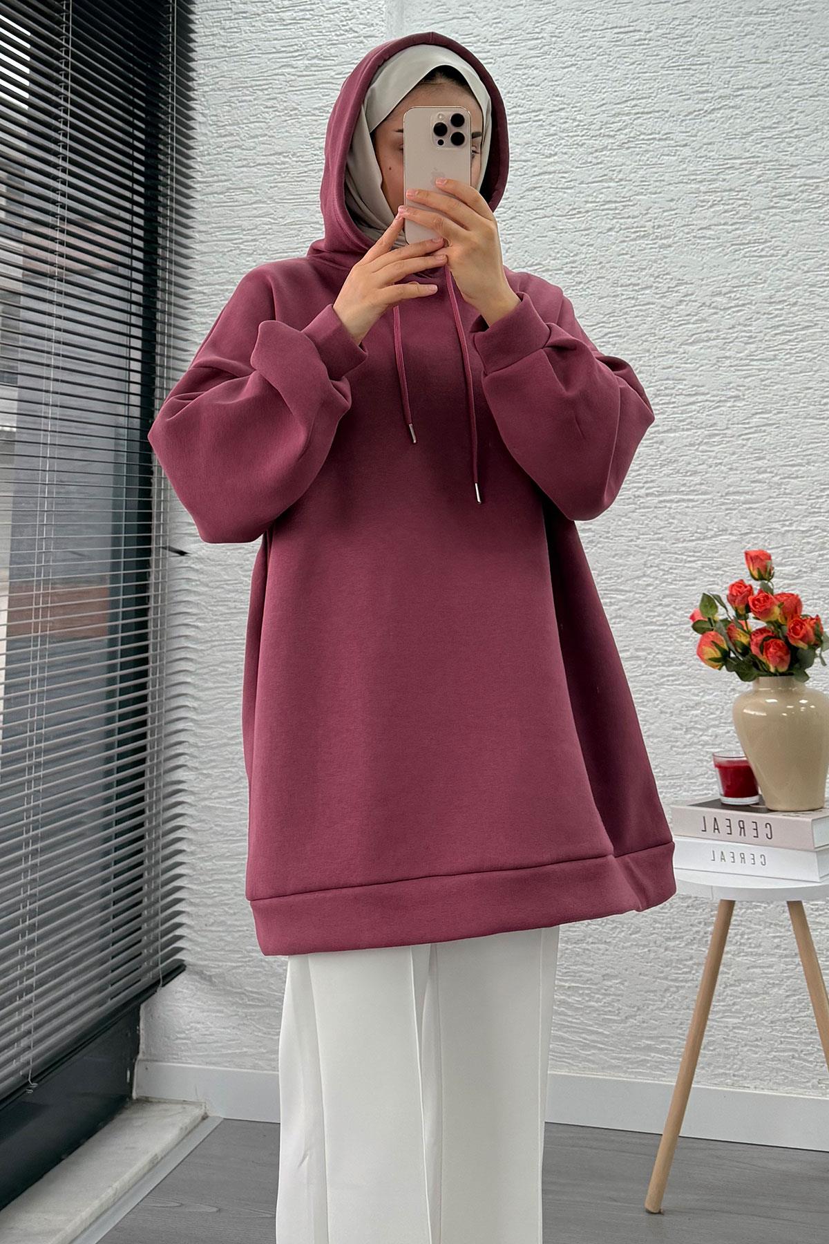 Kapüşonlu Oversize Kadın Sweatshirt - Gülkurusu