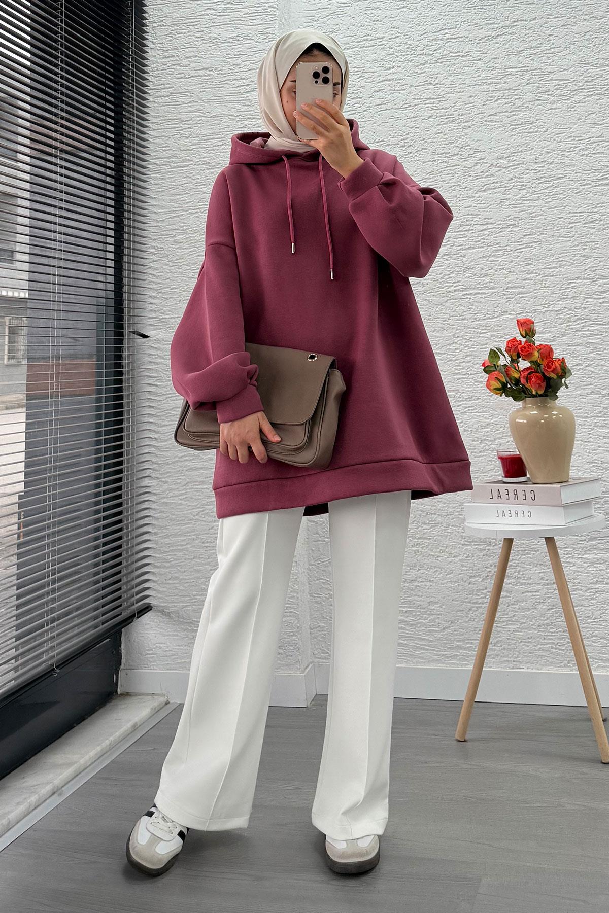 Kapüşonlu Oversize Kadın Sweatshirt - Gülkurusu