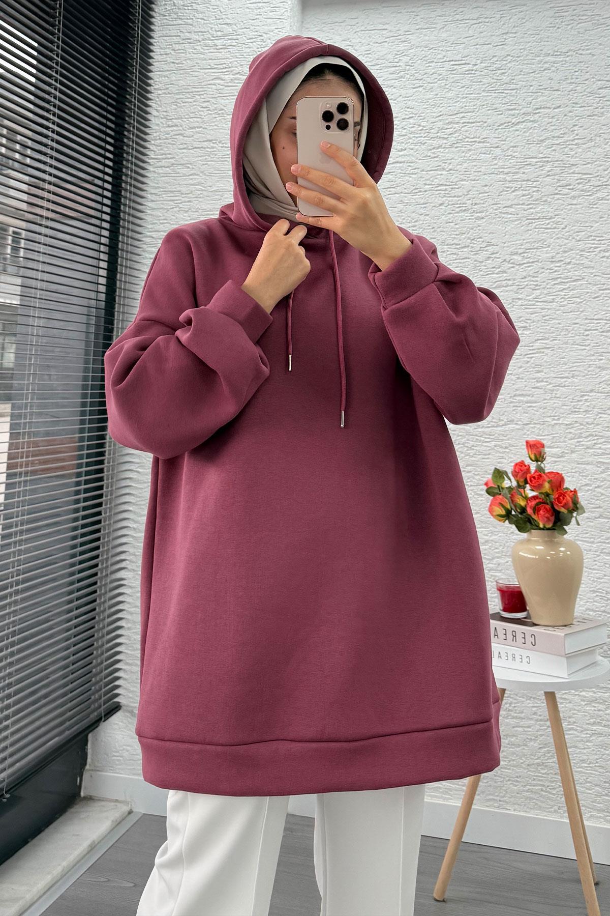 Kapüşonlu Oversize Kadın Sweatshirt - Gülkurusu