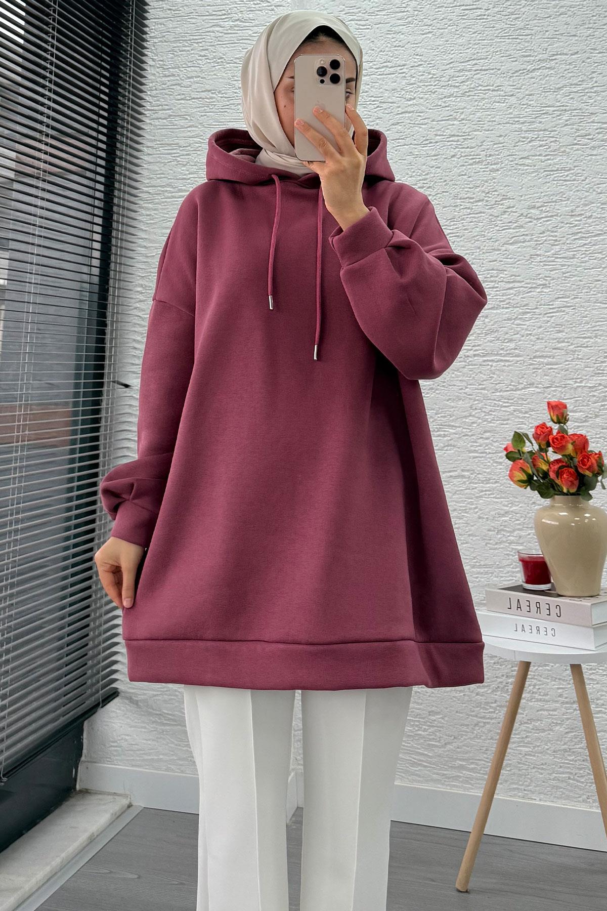 Kapüşonlu Oversize Kadın Sweatshirt - Gülkurusu