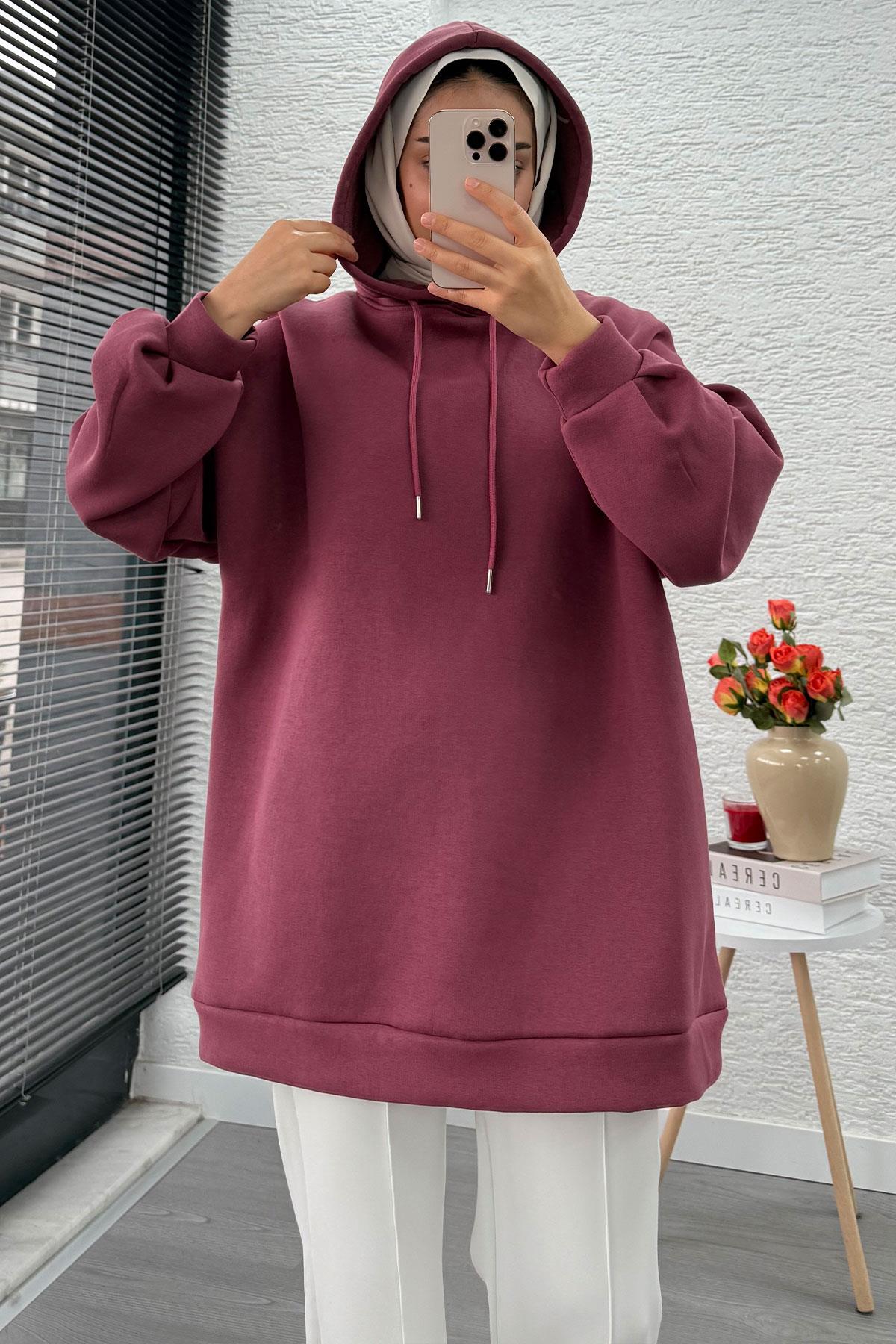Kapüşonlu Oversize Kadın Sweatshirt - Gülkurusu