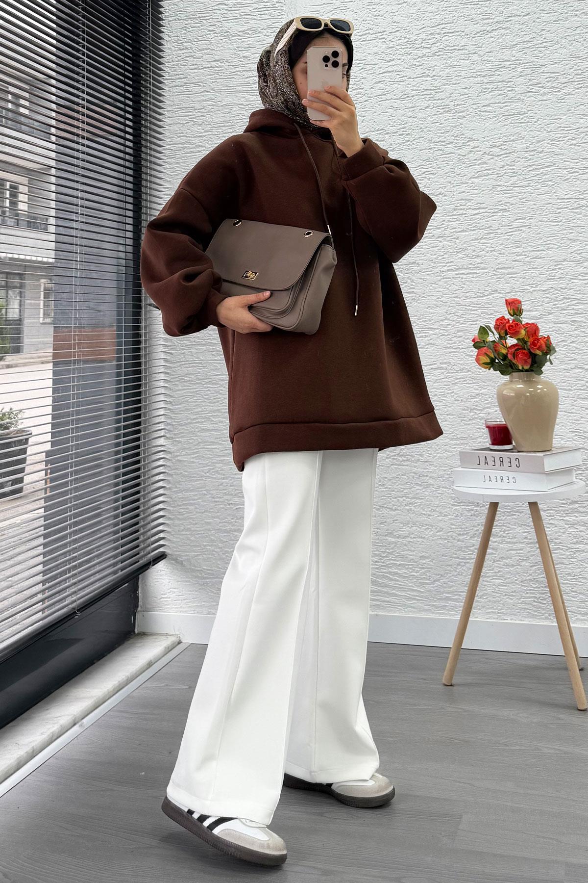 Kapüşonlu Oversize Kadın Sweatshirt - Kahverengi