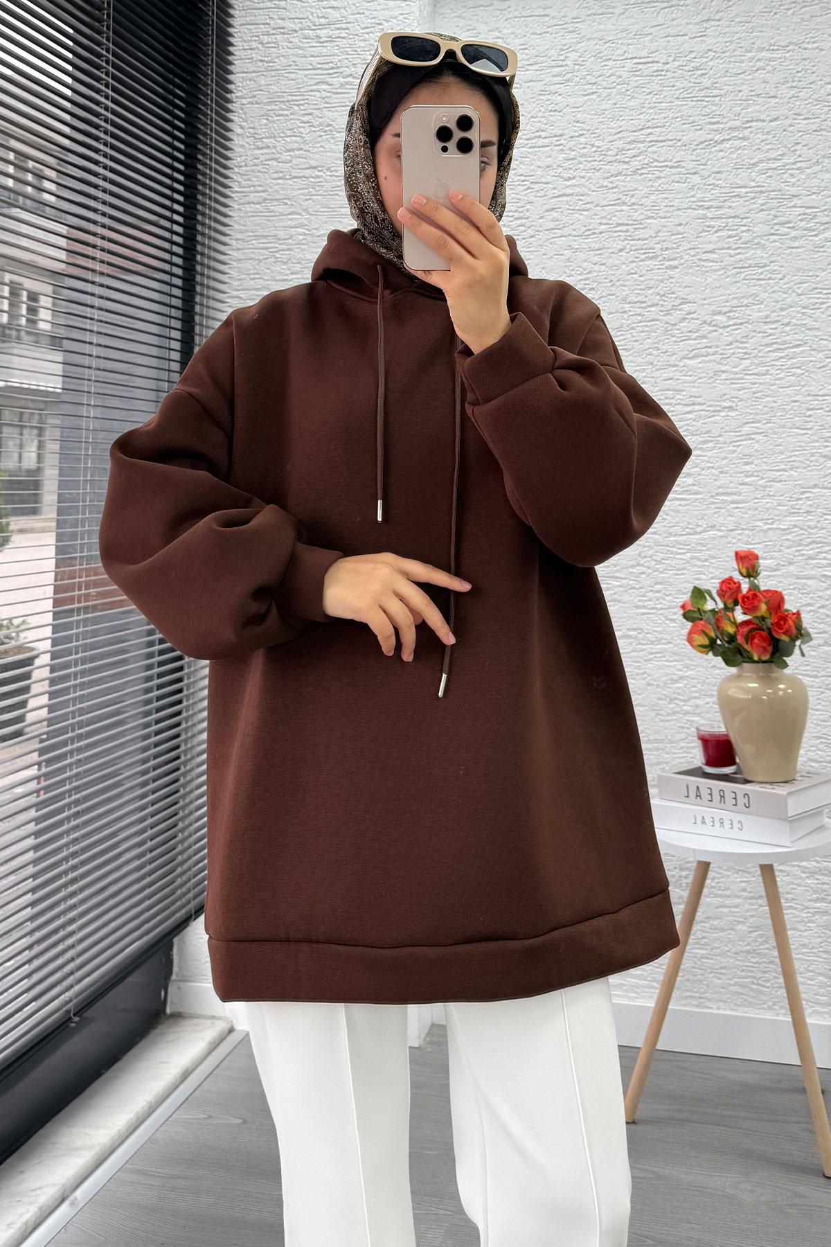 Kapüşonlu Oversize Kadın Sweatshirt - Kahverengi