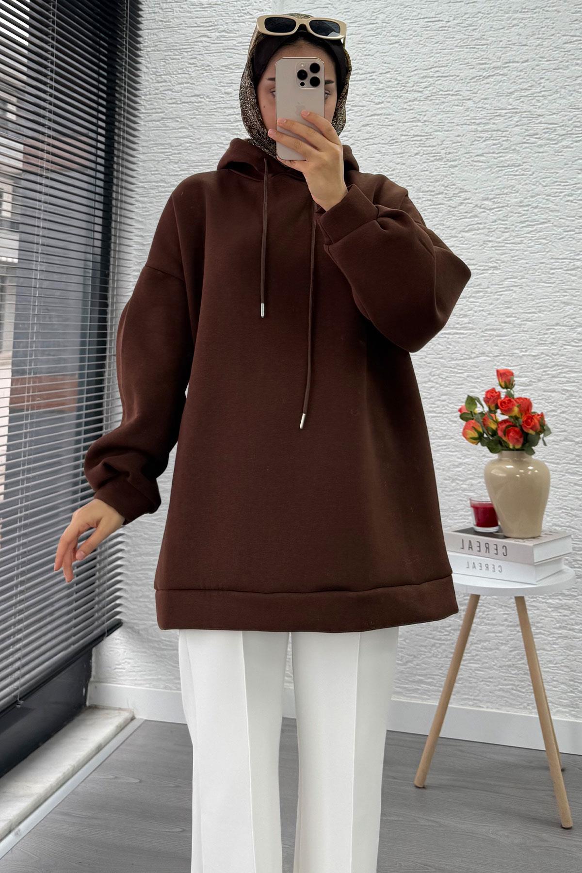 Kapüşonlu Oversize Kadın Sweatshirt - Kahverengi