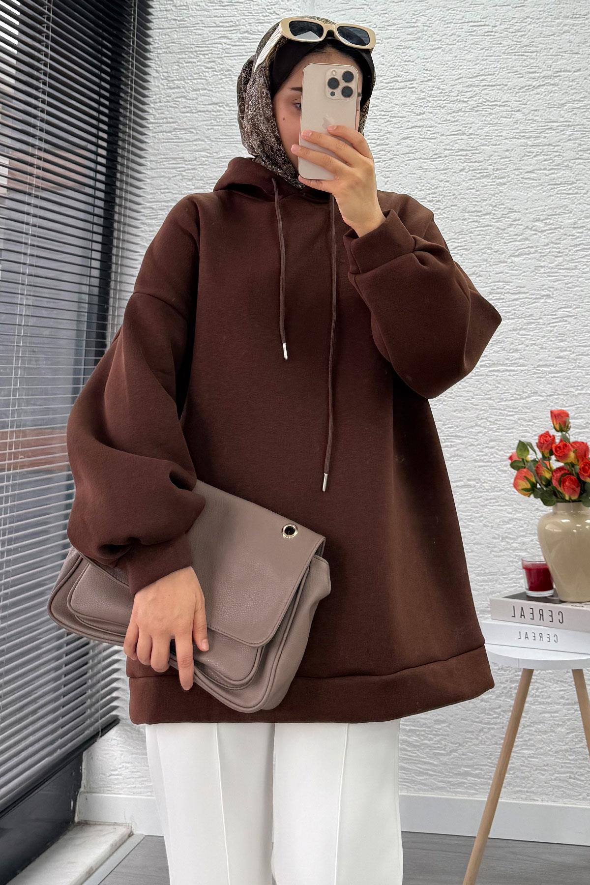 Kapüşonlu Oversize Kadın Sweatshirt - Kahverengi