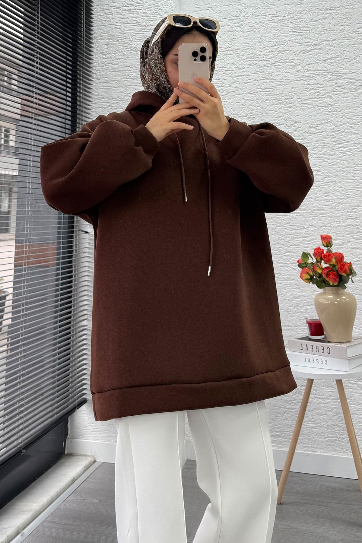 Kapüşonlu Oversize Kadın Sweatshirt - Kahverengi
