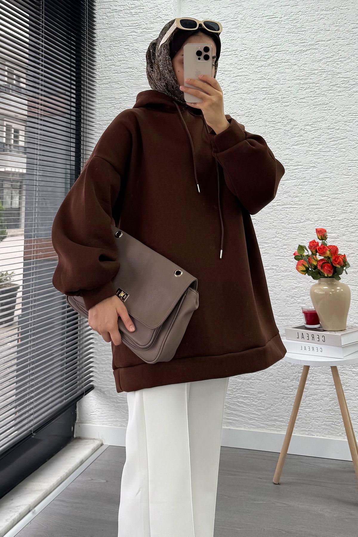 Kapüşonlu Oversize Kadın Sweatshirt - Kahverengi