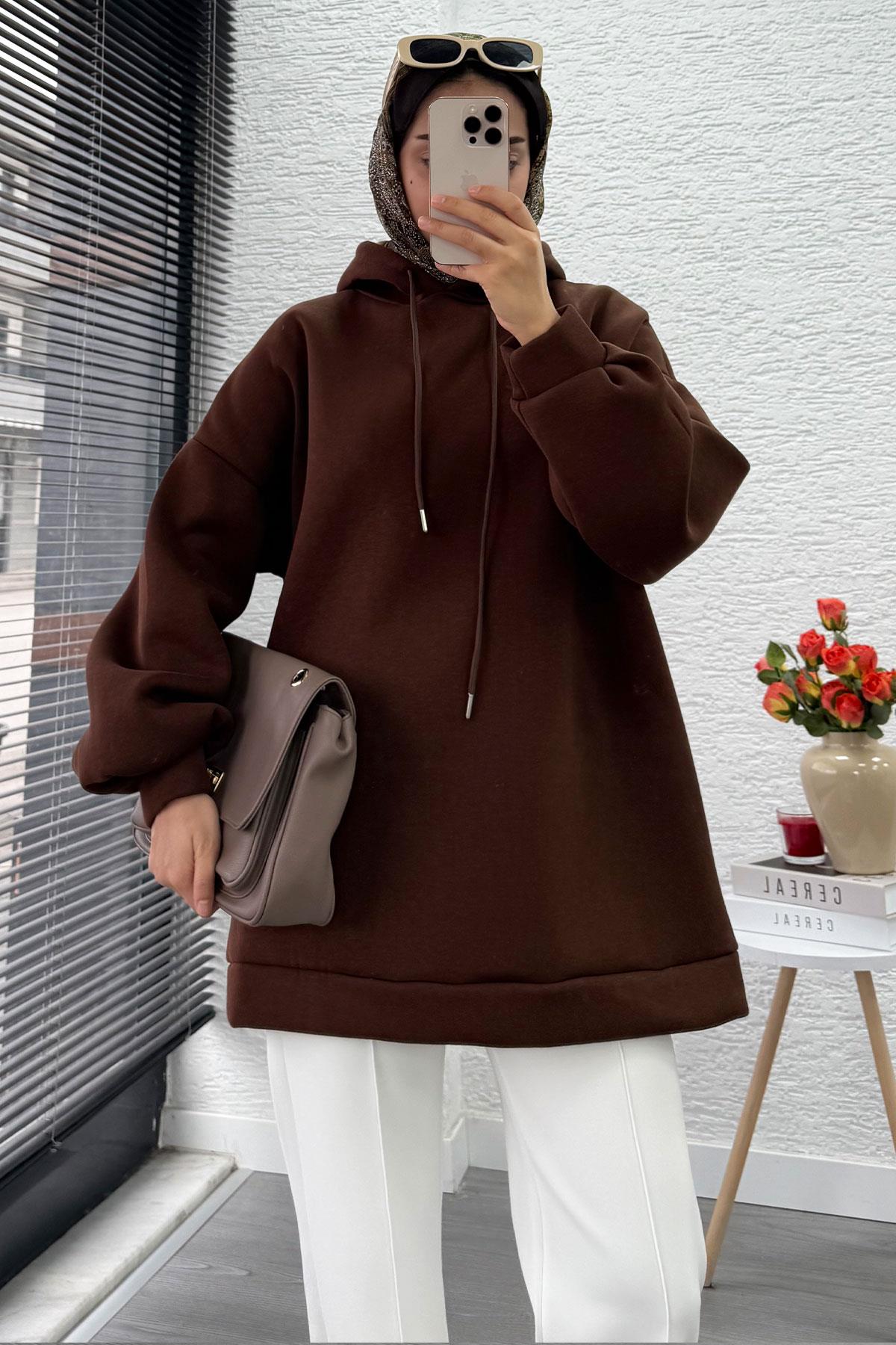 Kapüşonlu Oversize Kadın Sweatshirt - Kahverengi