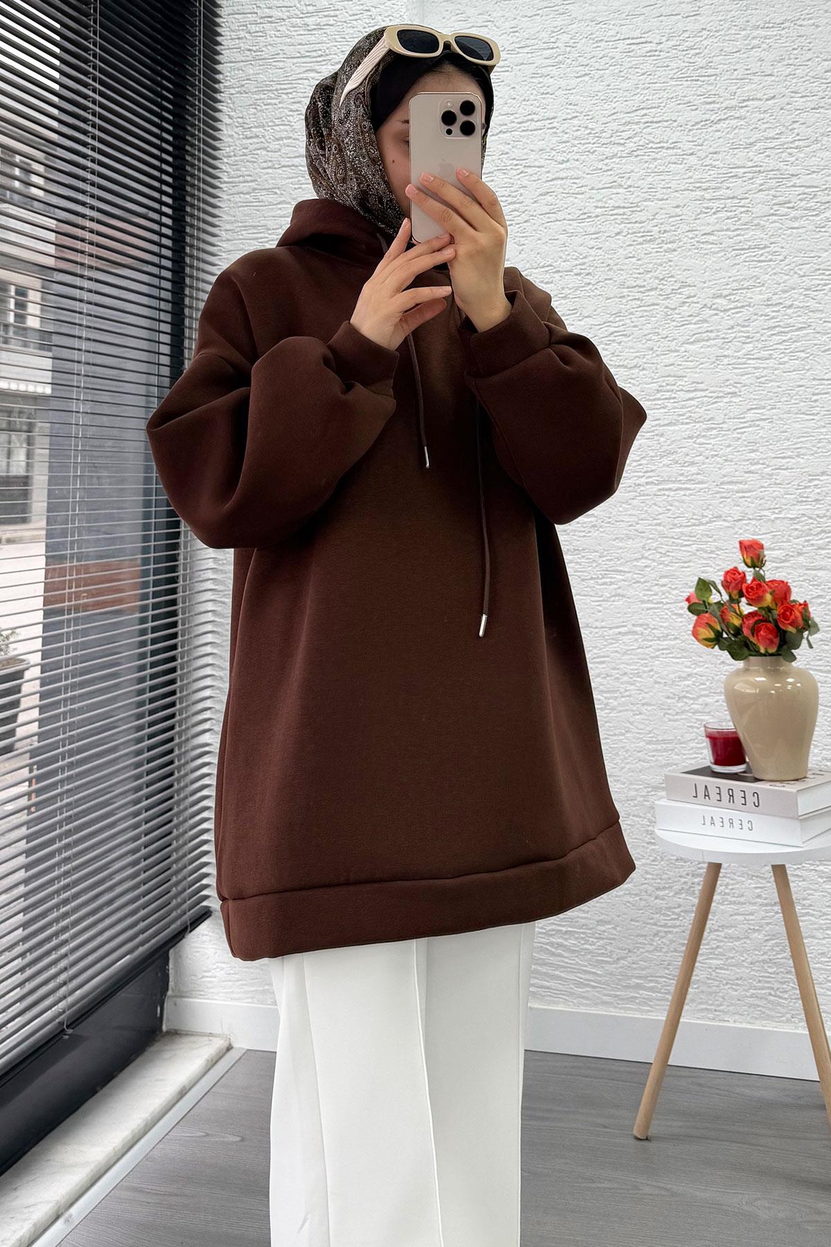 Kapüşonlu Oversize Kadın Sweatshirt - Kahverengi