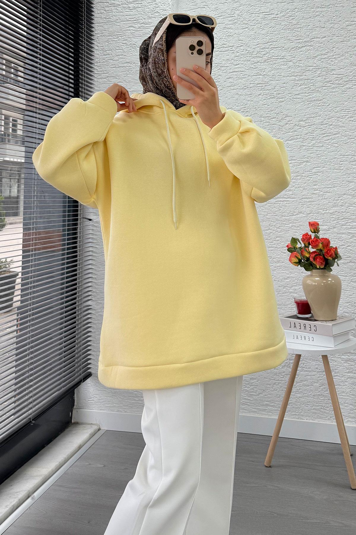 Kapüşonlu Oversize Kadın Sweatshirt - Sarı