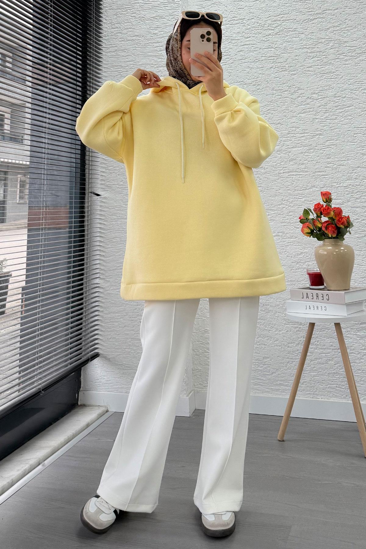 Kapüşonlu Oversize Kadın Sweatshirt - Sarı