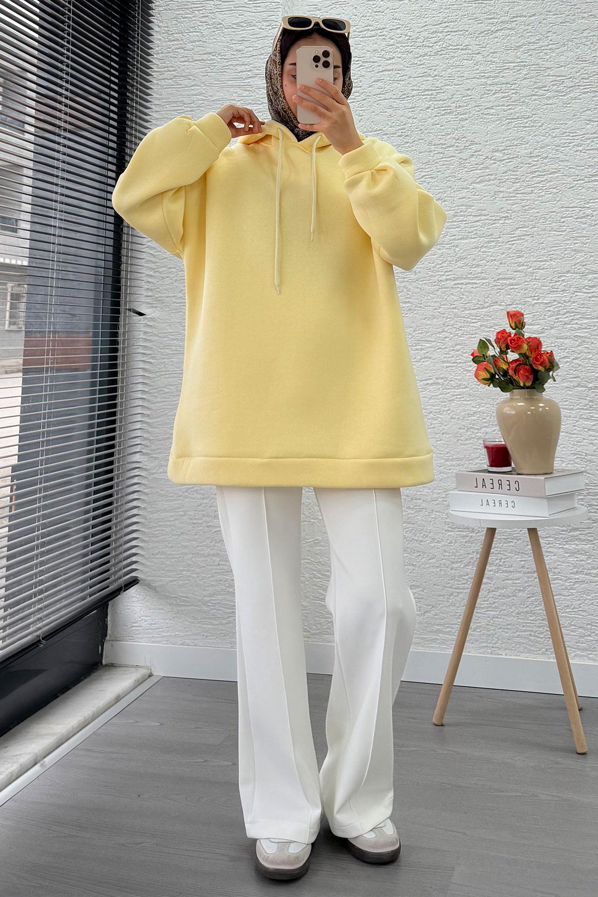 Kapüşonlu Oversize Kadın Sweatshirt - Sarı