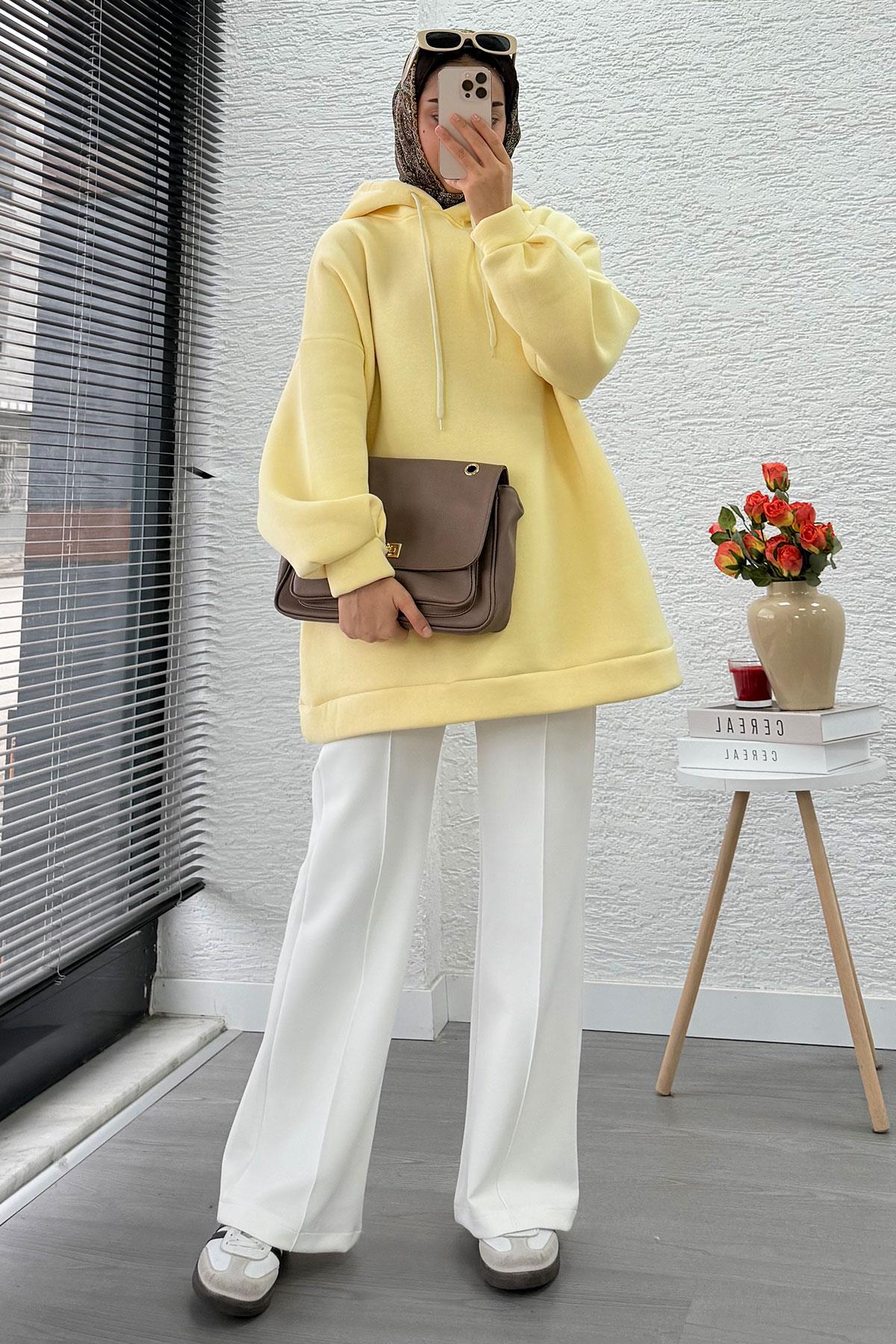 Kapüşonlu Oversize Kadın Sweatshirt - Sarı