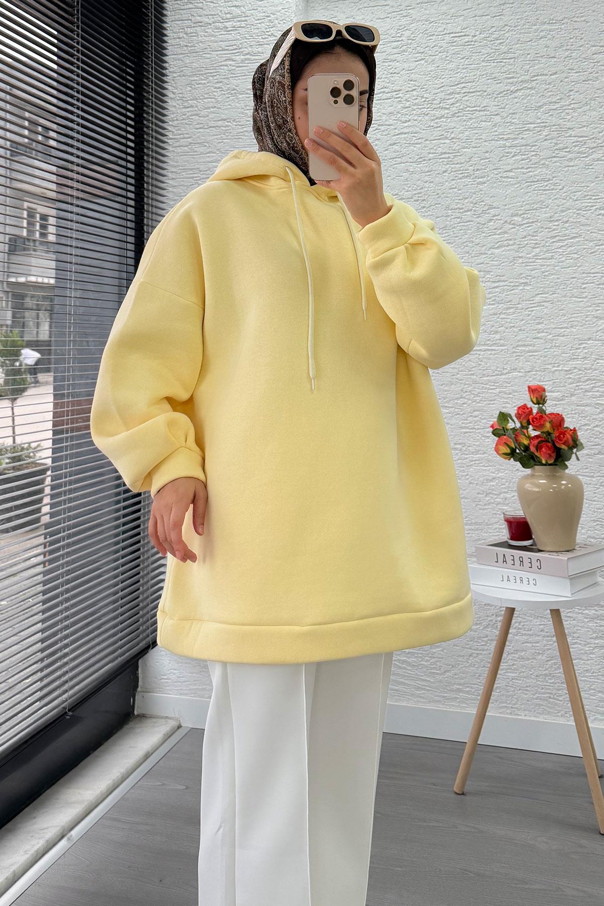 Kapüşonlu Oversize Kadın Sweatshirt - Sarı