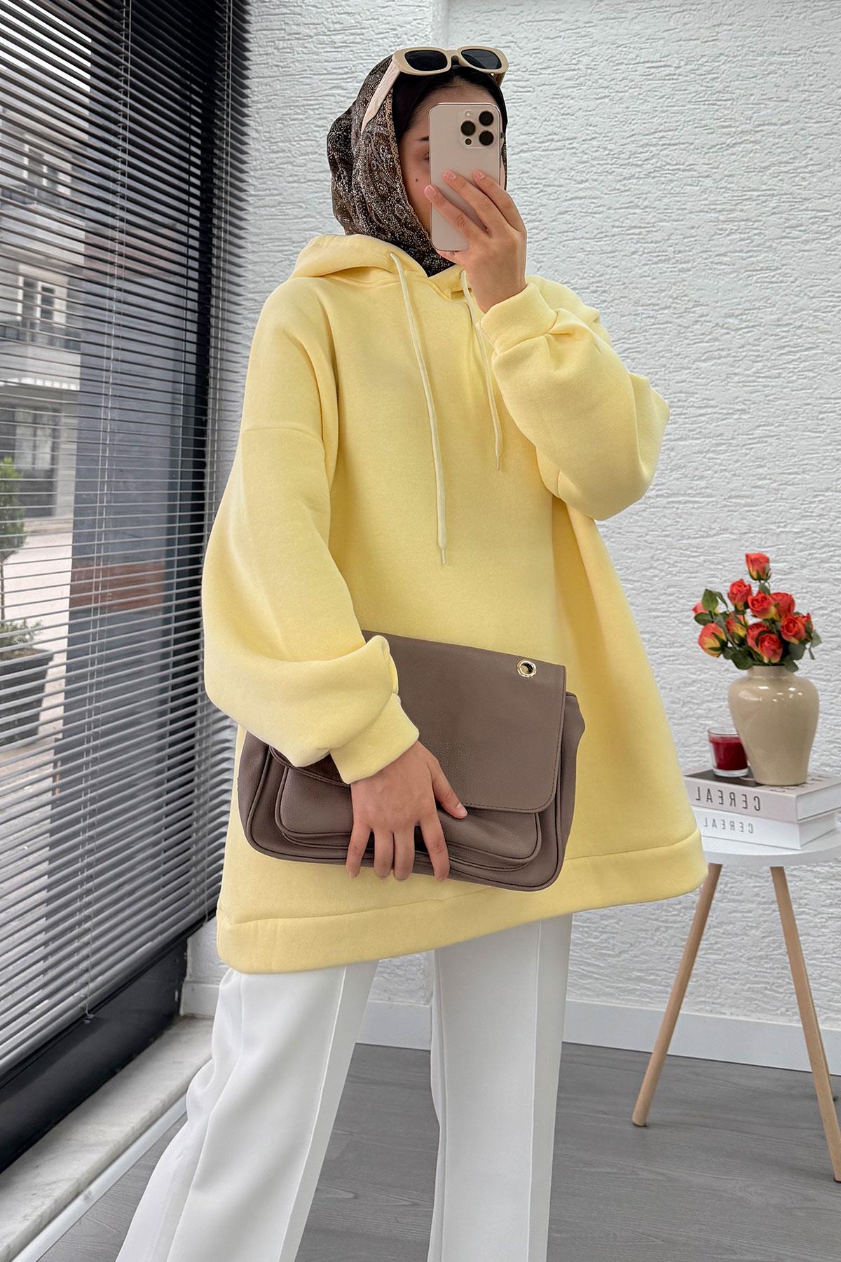 Kapüşonlu Oversize Kadın Sweatshirt - Sarı