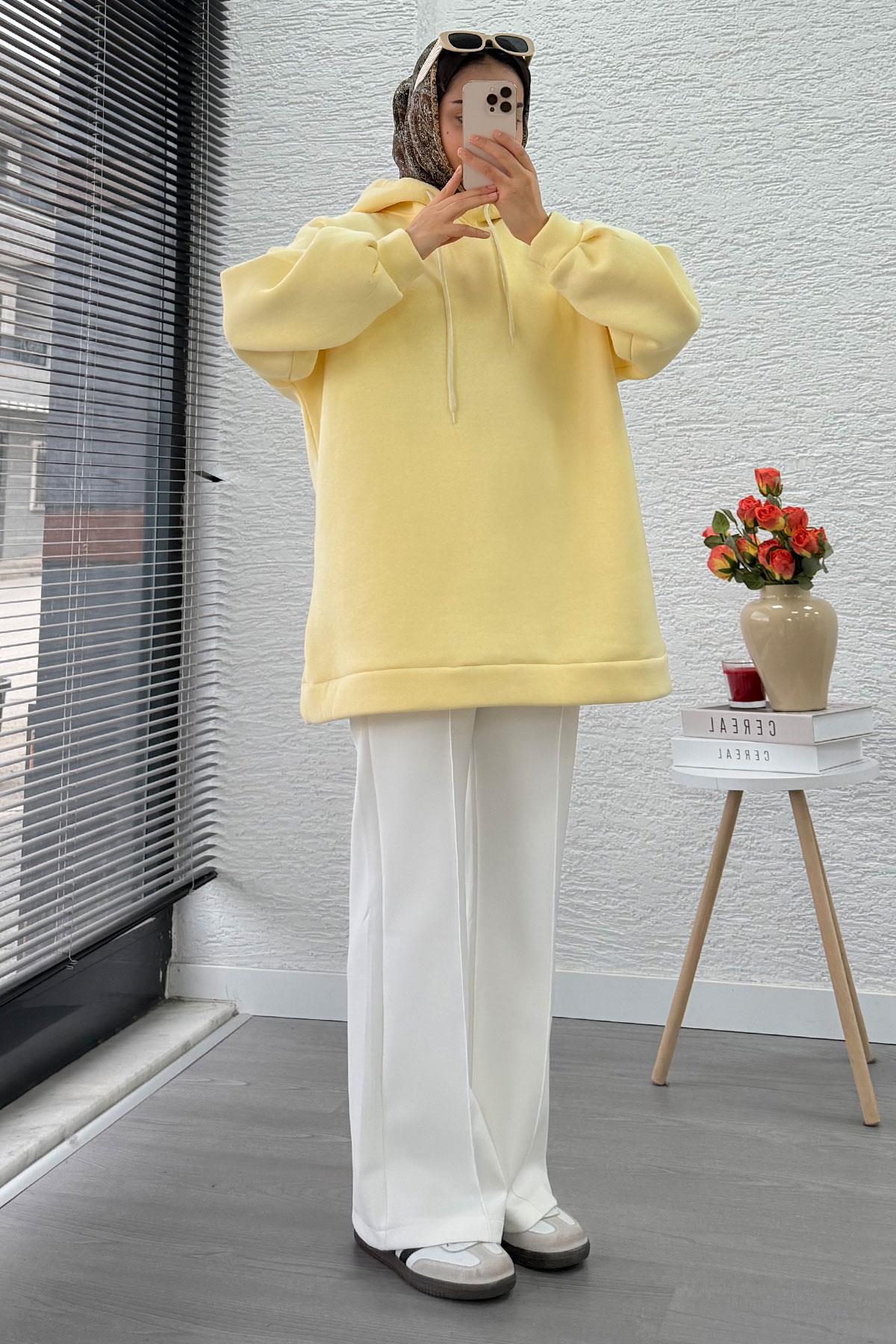 Kapüşonlu Oversize Kadın Sweatshirt - Sarı