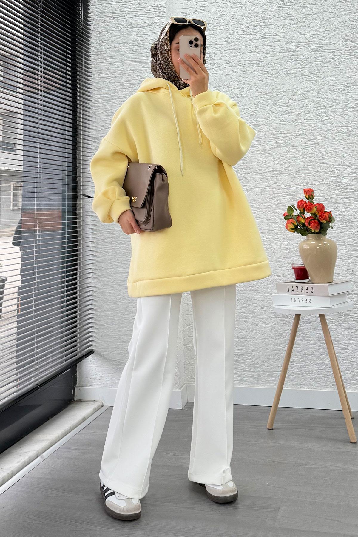 Kapüşonlu Oversize Kadın Sweatshirt - Sarı