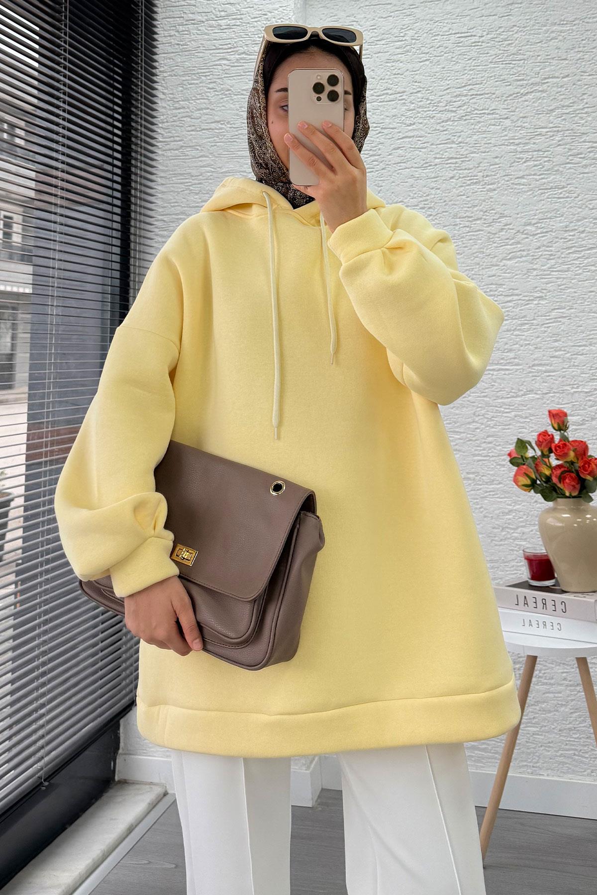 Kapüşonlu Oversize Kadın Sweatshirt - Sarı