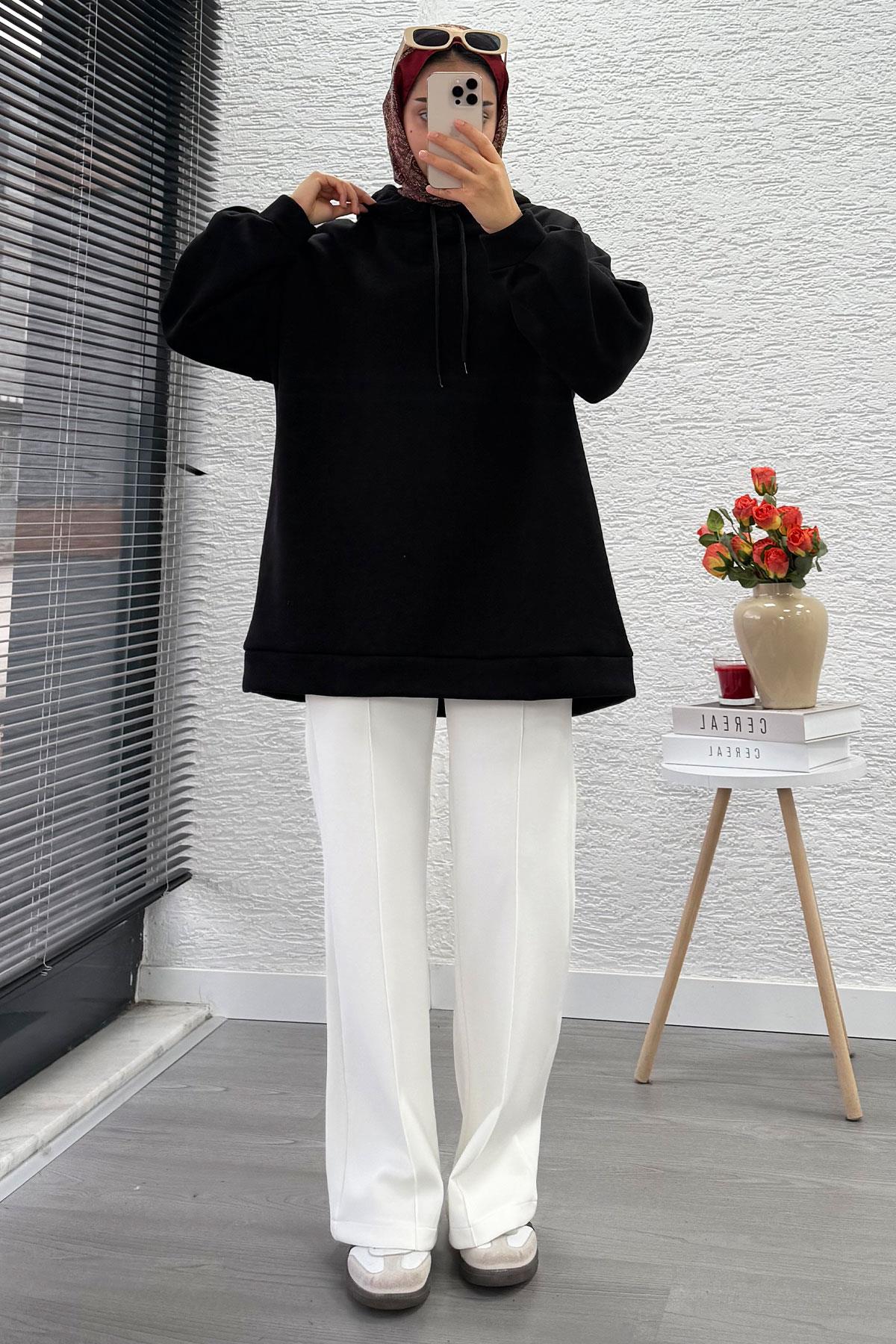 Kapüşonlu Oversize Kadın Sweatshirt - Siyah