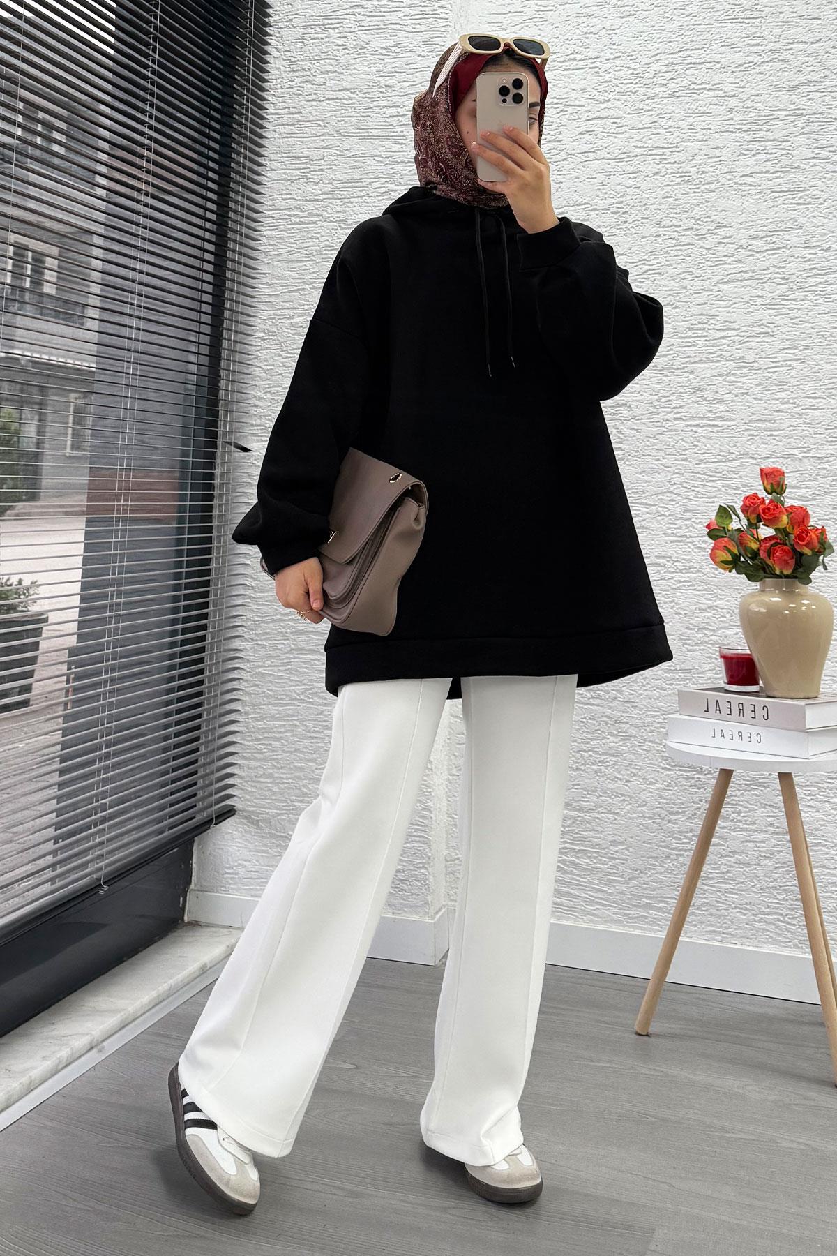 Kapüşonlu Oversize Kadın Sweatshirt - Siyah