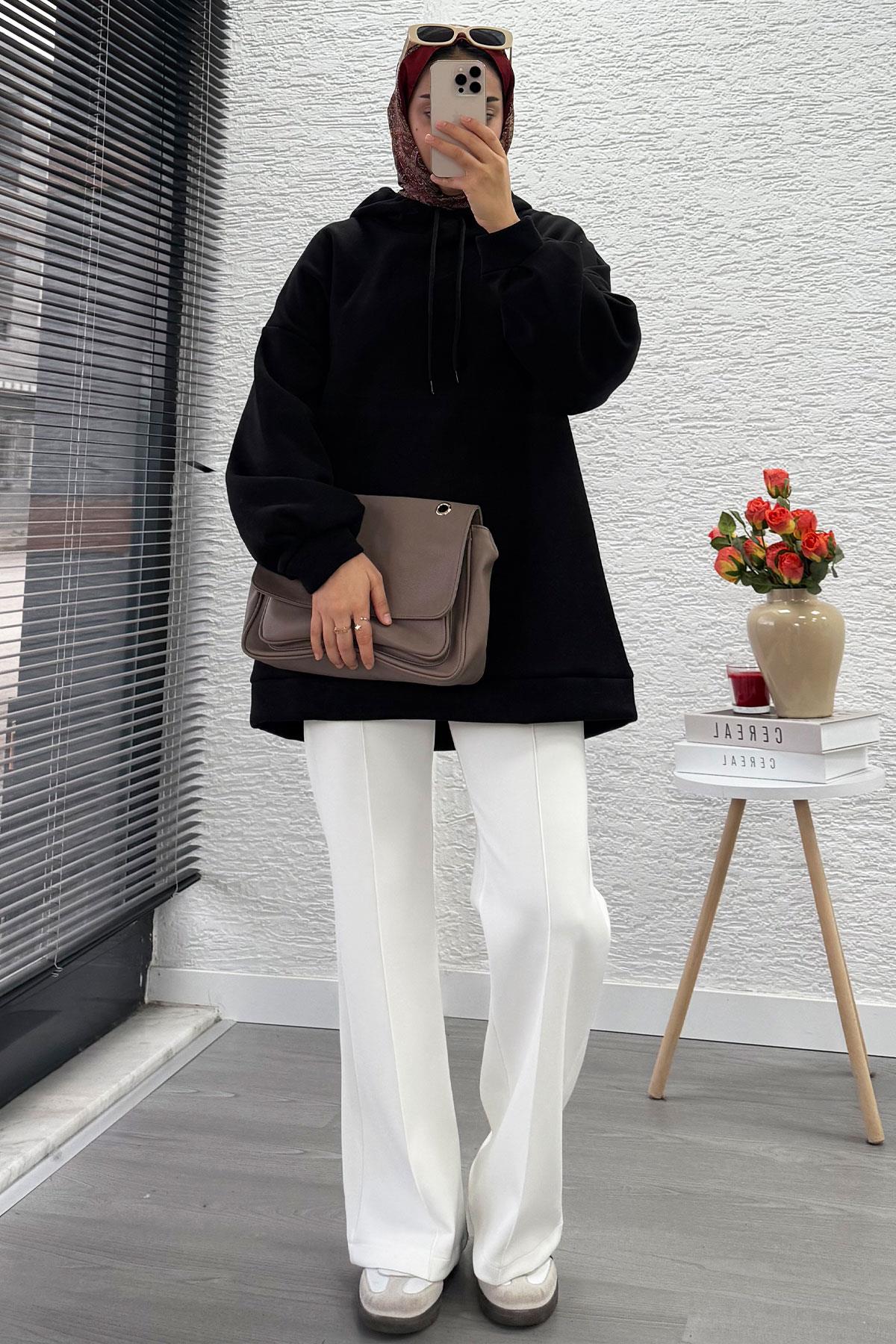 Kapüşonlu Oversize Kadın Sweatshirt - Siyah