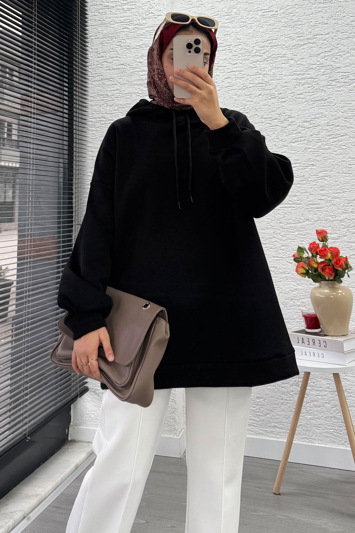 Kapüşonlu Oversize Kadın Sweatshirt - Siyah