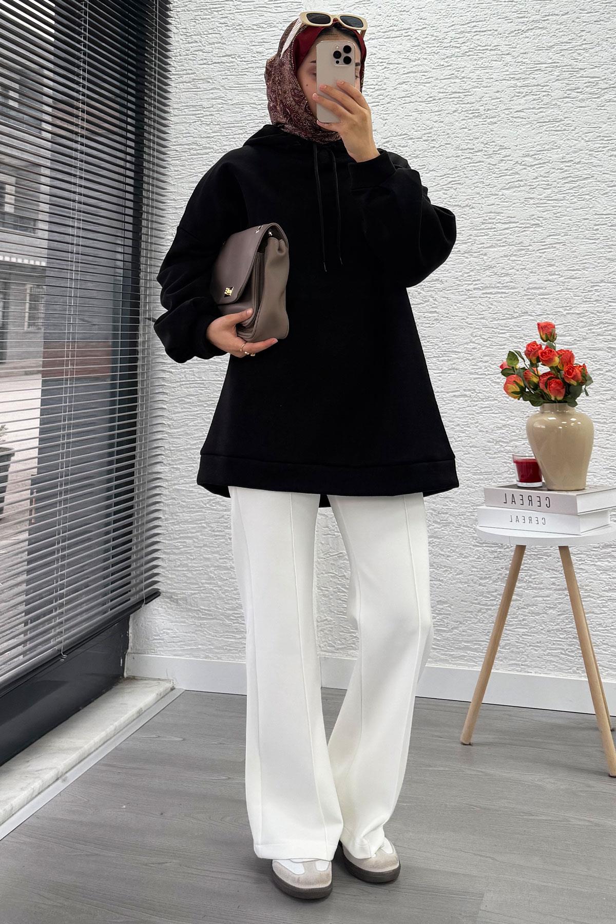 Kapüşonlu Oversize Kadın Sweatshirt - Siyah