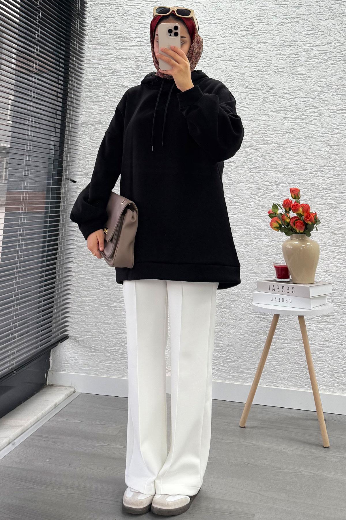 Kapüşonlu Oversize Kadın Sweatshirt - Siyah