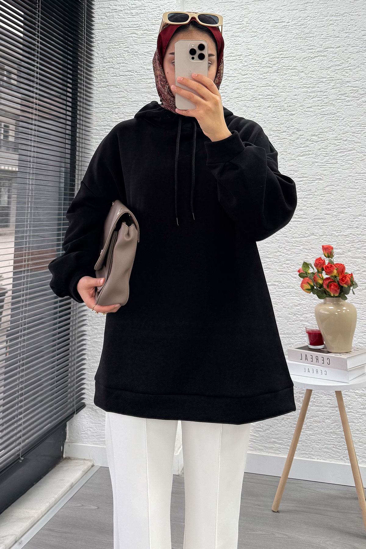 Kapüşonlu Oversize Kadın Sweatshirt - Siyah