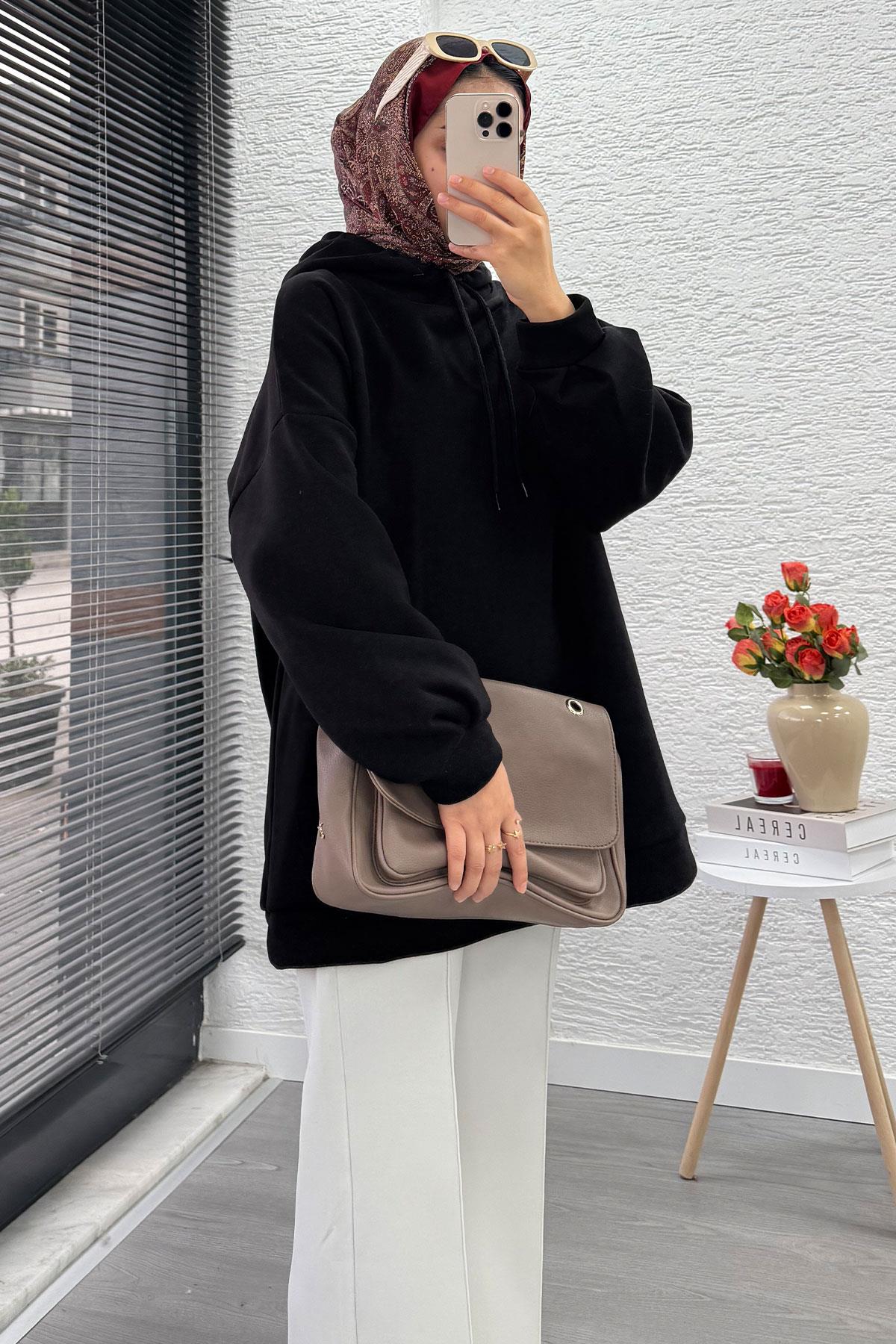 Kapüşonlu Oversize Kadın Sweatshirt - Siyah