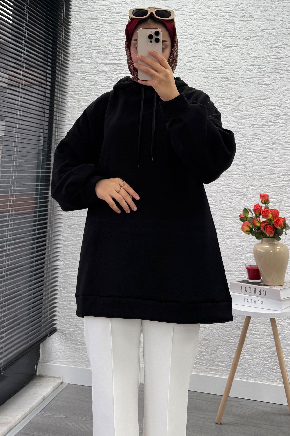 Kapüşonlu Oversize Kadın Sweatshirt - Siyah