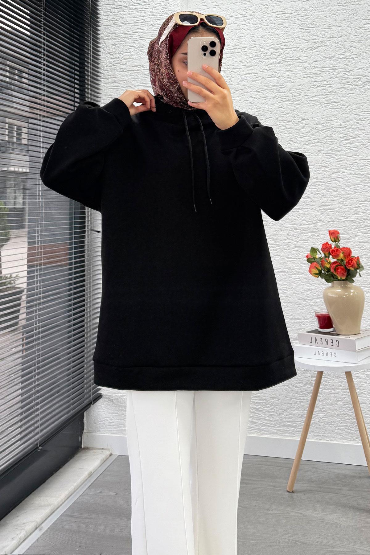 Kapüşonlu Oversize Kadın Sweatshirt - Siyah