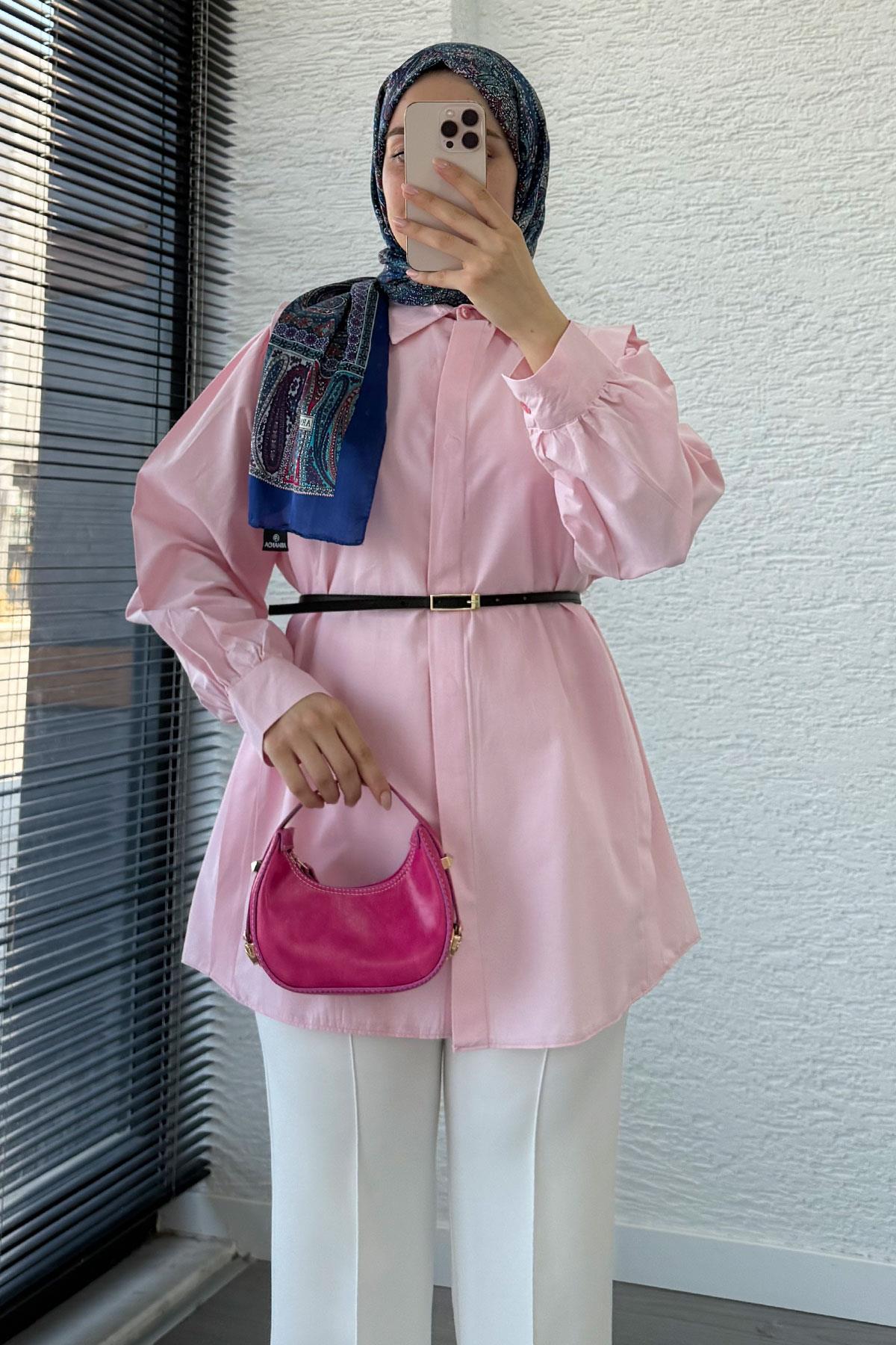 Kemer Detaylı Poplin Tunik Gömlek -Pembe